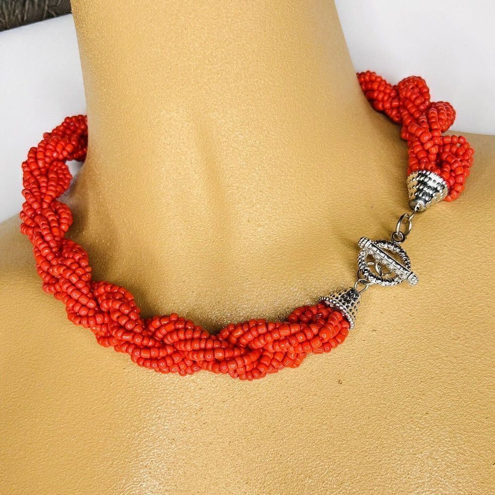 Vintage Necklace Sead Beads Red Multi Strand Beaded Colorful Toggle Clasp 4757